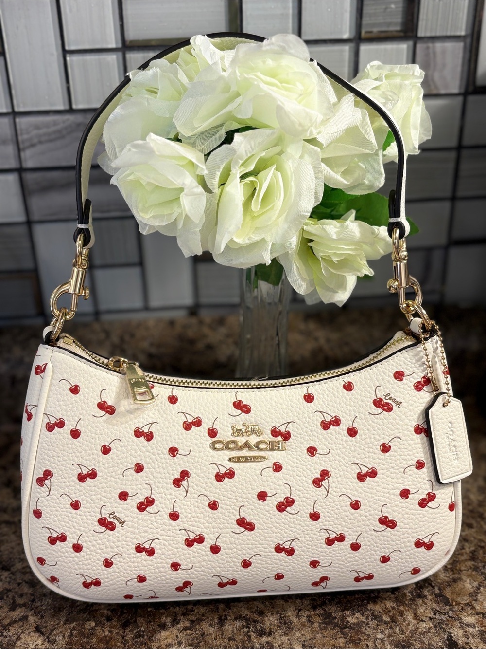 Coach White Cherry Print Leather Shoulder Bag Dust cover box